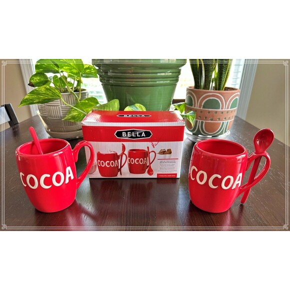 Bella Set of Two Cocoa Mugs with Spoons Xmas Red Color / Never Used - Picture 1 of 3